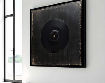 May include: Black and white framed canvas print of a vinyl record with a distressed background.