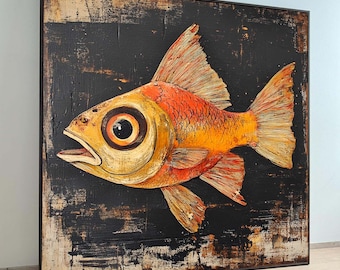 Rustic Fish Wall Art, Vintage-Inspired Fish Painting, Coastal Nautical Decor,Colorful Fish Background, Unique Sea Life Artwork,Ready to Hang