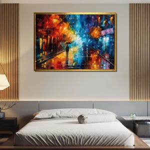Colorful Rainy Cityscape Canvas, Abstract Urban Night Art, Vibrant City Lights Painting, Street Reflection Wall Art, Modern Acrylic Canvas