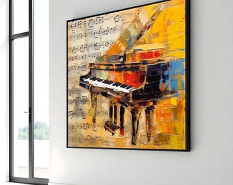Abstracte piano canvaskunst, kleurrijke muziek muur decor, klassiek instrument schilderij, artistieke pianoprint, muzieknoten kunst, muziek muur decor