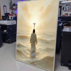 May include: A painting of a person walking on water towards a figure on a cross in the sky. The sky is a bright yellow and the water is a light blue.