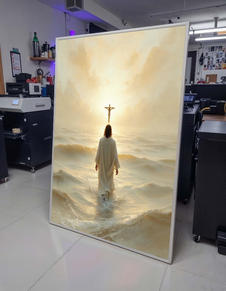 May include: A painting of a person walking on water towards a figure on a cross in the sky. The sky is a bright yellow and the water is a light blue.