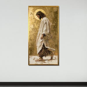 Jesus with Golden Halo Canvas, Christ Walking Artwork, Spiritual Gold Decor, Christian Wall Art,Religious Wall Decor,Christian Gift