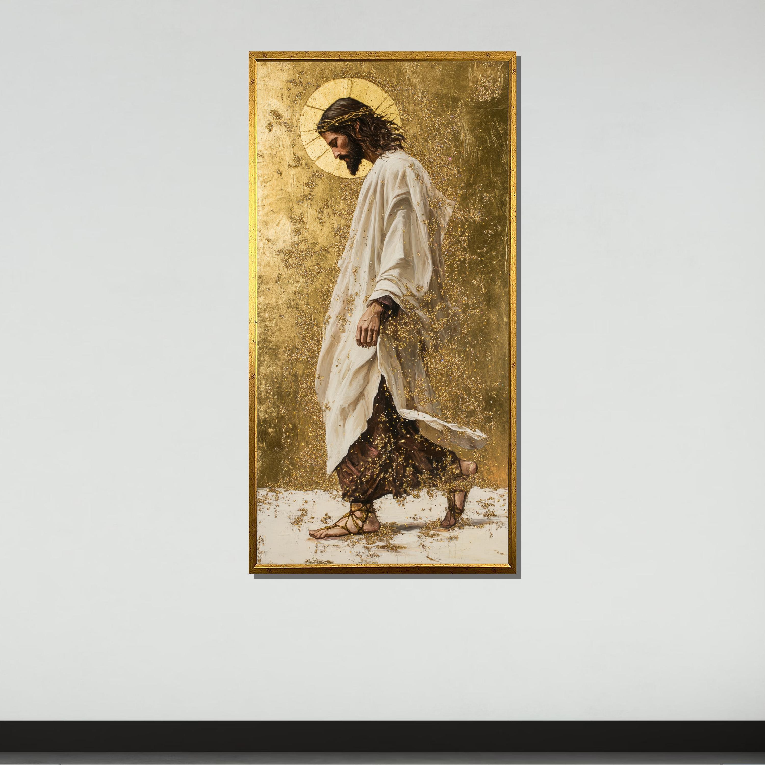 Jesus With Golden Halo Canvas, Christ Walking Artwork, Spiritual