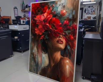 Woman with Red Flowers Canvas, Floral Face Art, Abstract Portrait Wall Art, Bold Red Bloom Canvas, wall decoration, canvas print, wall art