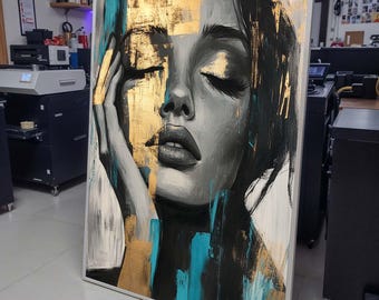 Golden Dreams Portrait Canvas, Abstract Female Art, Blue and Gold Face Art, Modern Expression Wall Decor, Ready to Hang