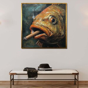May include: A painting of a fish with a cigar in its mouth. The fish is orange and brown with a green background.