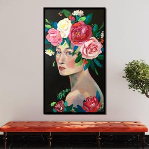 Floral Muse Portrait, Vibrant Flower Crown Art, Feminine Botanical Canvas, Woman Canvas Art, Romantic Woman Wall Art, Ready to Hang