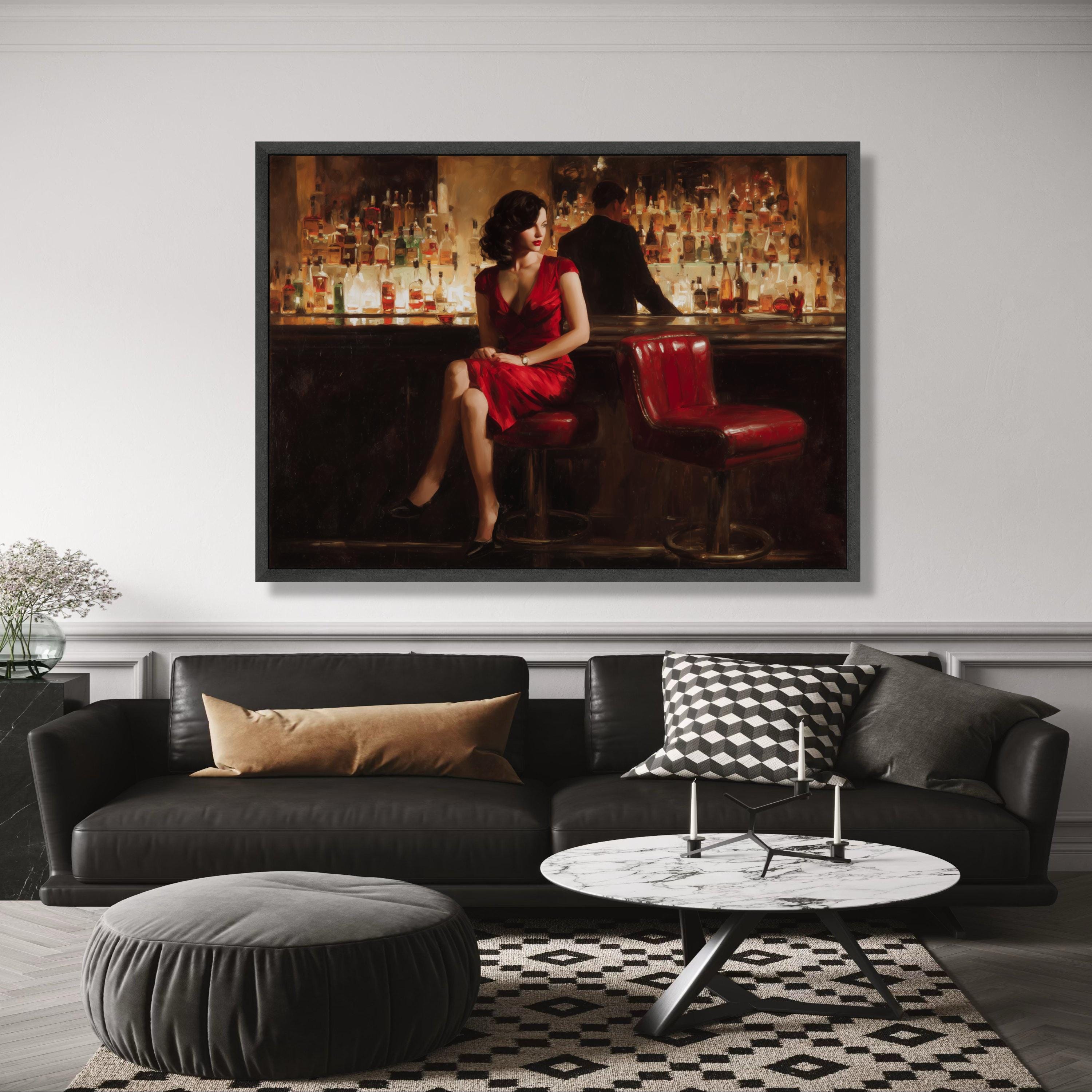 Vintage Bar Scene Canvas, Woman in Red Dress Wall Art, Retro Lounge ...