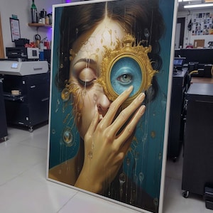 Surreal Woman Portrait with Golden Lens, Dreamlike Eye Art, Emotional Abstract Painting, Unique Surrealist Wall Art,Ethereal Portrait Canvas