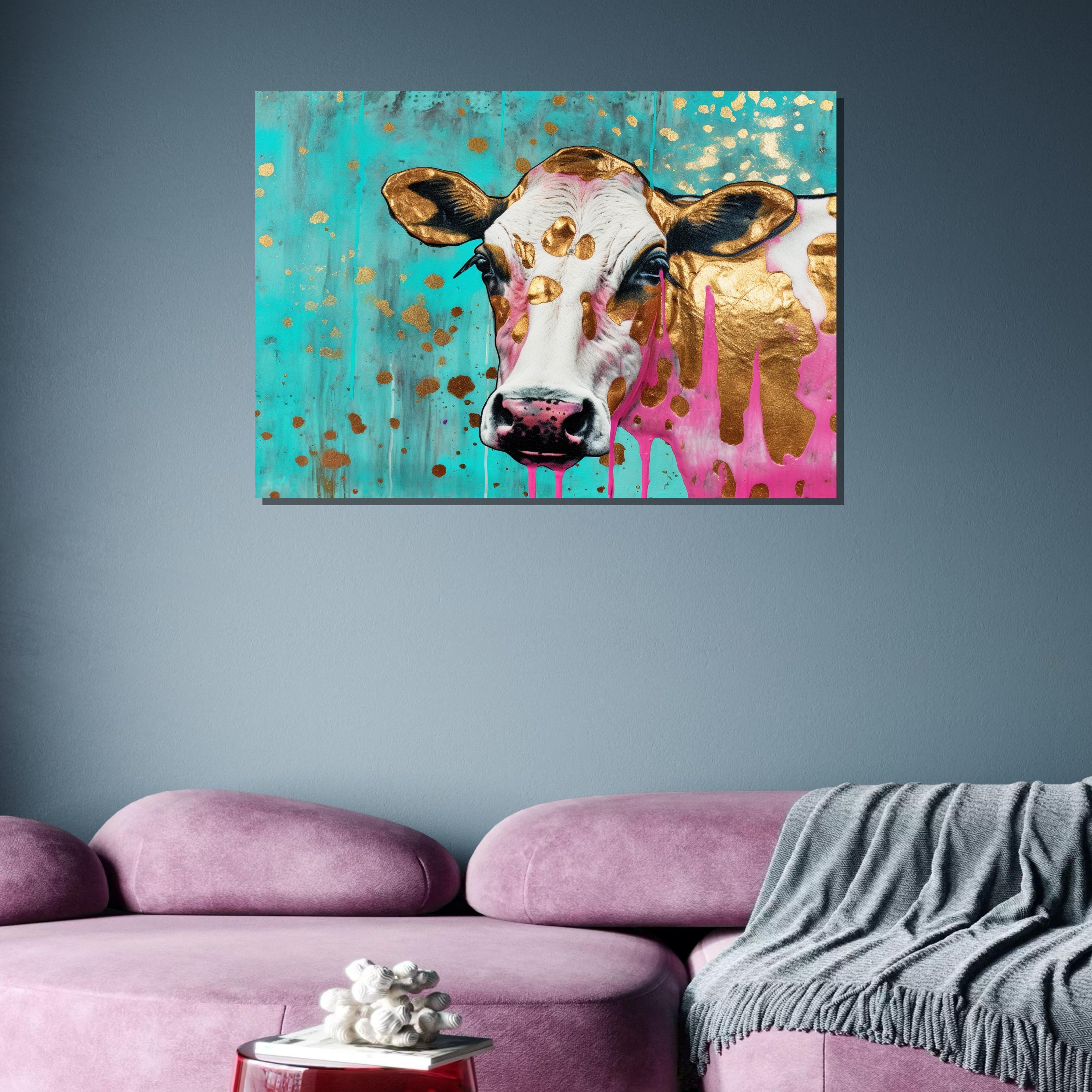 Colorful Gold Cow Canvas Art, Funky Farm Animal Decor, Abstract