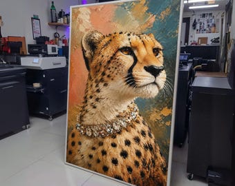 Regal Cheetah Portrait Canvas, Luxury Animal Wall Art, Jewel Necklace Cheetah Print, Elegant wall decoration, canvas print, wall art
