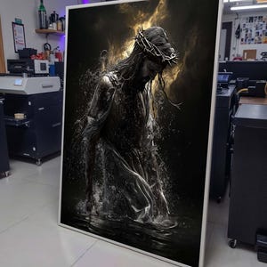 Riflessione sacra, Gesù nell&#39;acqua con corona di spine, arte spirituale drammatica, decorazione da parete in tela scura, decorazione da parete, pronta da appendere