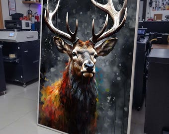 Majestic Stag Canvas, Vibrant Wildlife Art, Abstract Deer Portrait, Rustic Nature Wall Decor, Animal Canvas Art, Wildlife Art, Ready to Hang