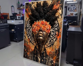 Afro Artistic Portrait Canvas, Gold and Orange Roses Wall Art, Abstract Urban Style Canvas, Bold wall decoration, canvas print, wall art