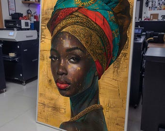 Golden Elegance Portrait, African Beauty Canvas Art, Vibrant Headwrap Wall Art, Ethnic Woman Decor, Ready to Hang