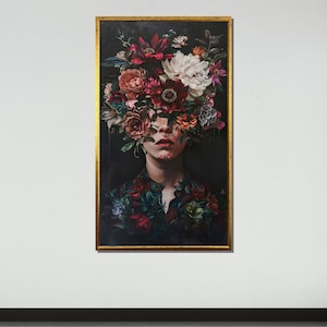 Floral Muse Portrait, Vibrant Flower Crown Art, Feminine Botanical Canvas, Woman Canvas Art, Romantic Woman Wall Art, Ready to Hang