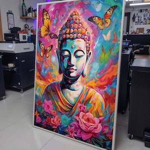 Toile d'art colorée bouddha, décoration murale zen spirituelle, bouddha avec papillons et fleurs, décoration d'intérieur, oeuvre d'art de yoga, impression d'art méditation