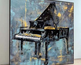 May include: A black grand piano with gold accents is painted on a blue and yellow abstract background. The piano is in a realistic style and the background is abstract.