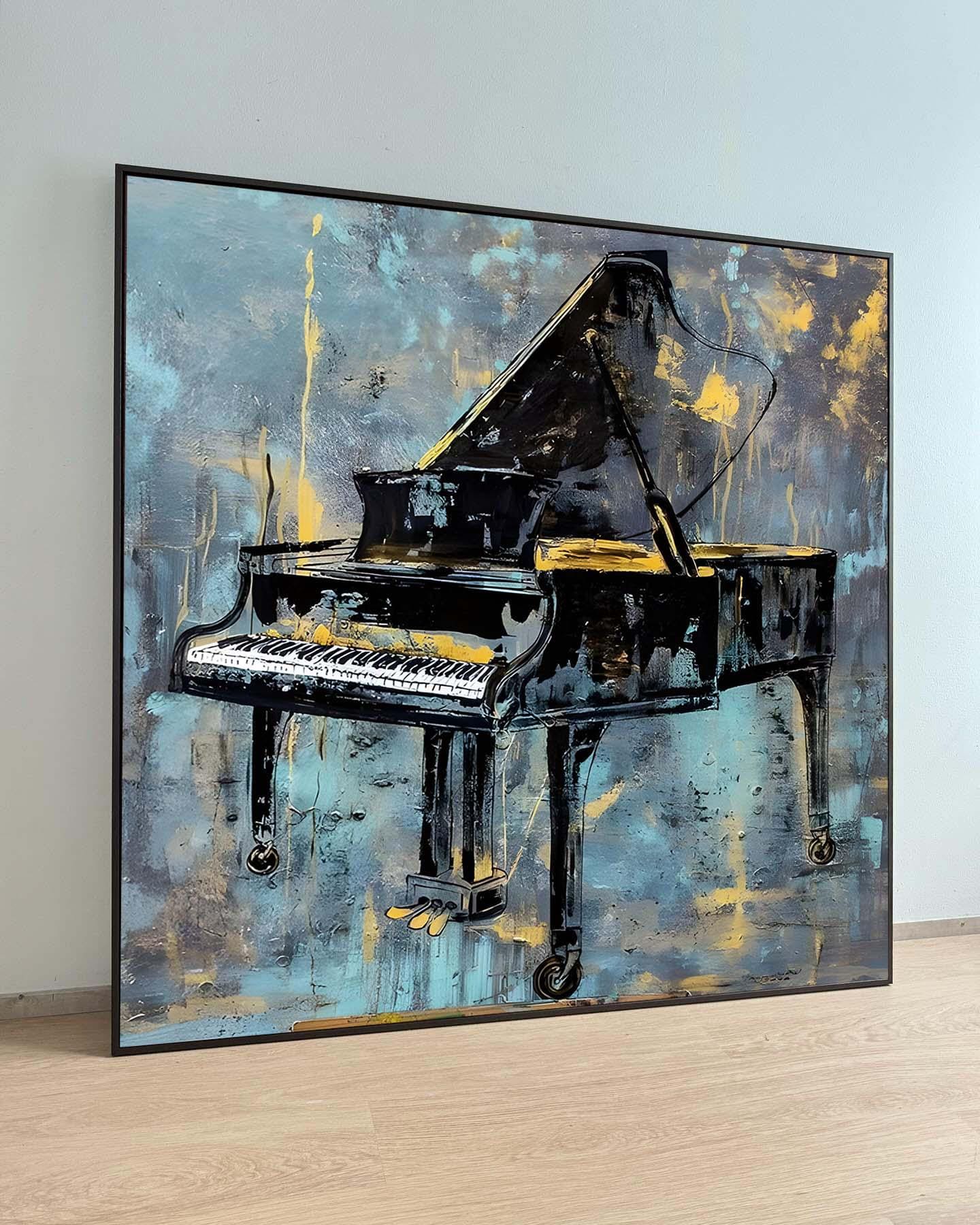 Impresión artística abstracta de piano de cola, lienzo moderno para amantes de la música, pintura de piano azul y amarillo, regalo para amantes del piano, elegante decoración de pared para sala de música