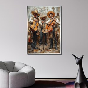 May include: Three men in sombreros play string instruments. The men are standing in front of a brick wall. The man on the left is playing a brown guitar. The man in the middle is playing a brown guitar. The man on the right is playing a brown cello.