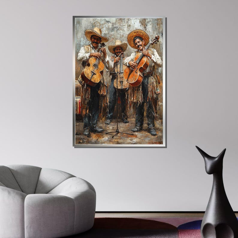 May include: Three men in sombreros play string instruments. The men are standing in front of a brick wall. The man on the left is playing a brown guitar. The man in the middle is playing a brown guitar. The man on the right is playing a brown cello.