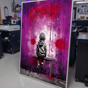 Street Art Canvas, Urban Graffiti Boy on Bench,Emotional Wall Art,Purple and Red Graffiti Print,Ready to Hang,Modern Bedroom or Office Decor
