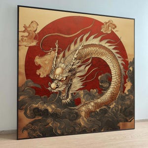 Fierce Asian Dragon Canvas Wall Art, Japanese Style Ink Painting, Red Sun Background, Mythical wall decoration, canvas print, wall art