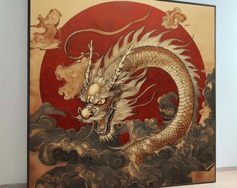 シルク水墨画 ドラゴン アート 壁掛け Amazon.co.jp: 絵画 ブラックドラゴンレッドサンアート水墨画