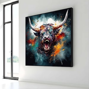 Bull Canvas Art, Intense Bull Wall Decor,Dynamic Animal Painting,Animal Decor,Fiery Bull Portrait, PowerfulBull Artwork,Ready to Hang Canvas