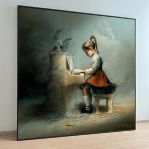 Young Girl Playing Piano, Vintage Childhood Canvas, Musical Instrument Wall Art, Dreamy Home wall decoration, canvas print, wall art