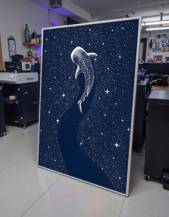 Celestial Whale Shark Art Print, Starry Ocean Night Wall Art,Dreamy Cosmic Sea Creature, Galaxy-Inspired Marine Decor, Starry Animal Artwork