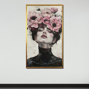 Blooming Elegance Wall Art, Feminine Floral Portrait Canvas, Dark Botanical Art Print,Modern Flower Woman Decor,Woman Wall Art,Ready to Hang