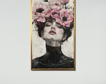 Blühende Eleganz Wandkunst, feminine Blumenporträt Leinwand, dunkle botanische Kunstdruck, moderne Blumenfrau Dekor, Frau Wandkunst, fertig zum Aufhängen