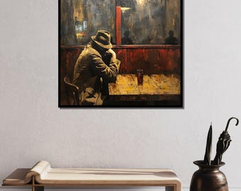 Lonely Night in Cafe Canvas, Vintage Noir Wall Art, Moody Man in