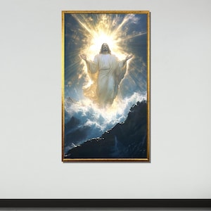 Hemelvaart van Jezus canvas, goddelijke glorie kunst aan de muur, christelijke inspiratie decor, schilderij verrezen verlosser, hemels licht kunstwerk, klaar om op te hangen