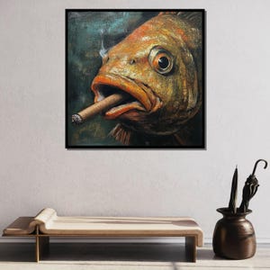 May include: A close-up of a fish with a cigar in its mouth. The fish is painted in a realistic style with a textured, orange and brown color scheme. The background is a dark green and blue.