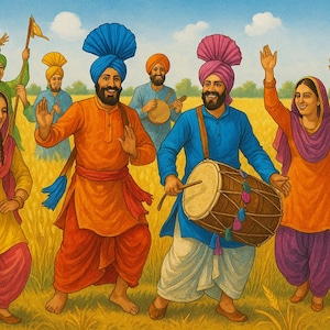 Vibrant Punjabi Village Art – Traditional Bhangra Dance | Cultural Wall Art | Rural Punjab Heritage Print