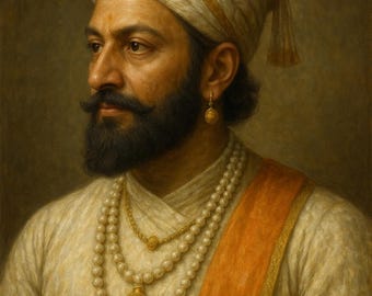 Retrato de Chhatrapati Shivaji Maharaj: Rei Guerreiro Maratha em estilo de pintura a óleo