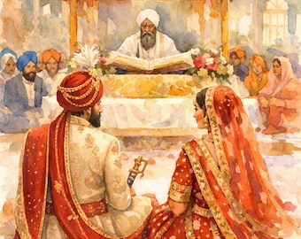 Anand Karaj Watercolor Art Print | Sikh Wedding Ceremony (Digital Download)