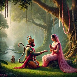 Hanuman Meets Sita Digital Art Print: Hindu Mythology Decor (4096x4096px)