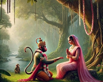Impressão de arte digital Hanuman encontra Sita: Decoração da mitologia hindu (4096x4096px)