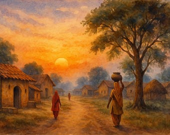 Aurora Dourada em uma Vila Punjabi – Impressão em Aquarela da Índia Rural