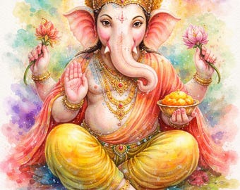 Impressão em aquarela do Senhor Ganesha | Decoração Hindu para Casa (Download Digital)