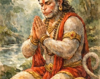 Hanuman Ji Watercolor Print – Hindu God Art, Yoga Decor (Digital Download)
