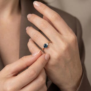 Half moon Cut London Blue Topaz Engagement Ring 14K Yellow Gold Two Stone Toi et Moi Ring Unique shape Moissanite Promise Ring Gift for Her