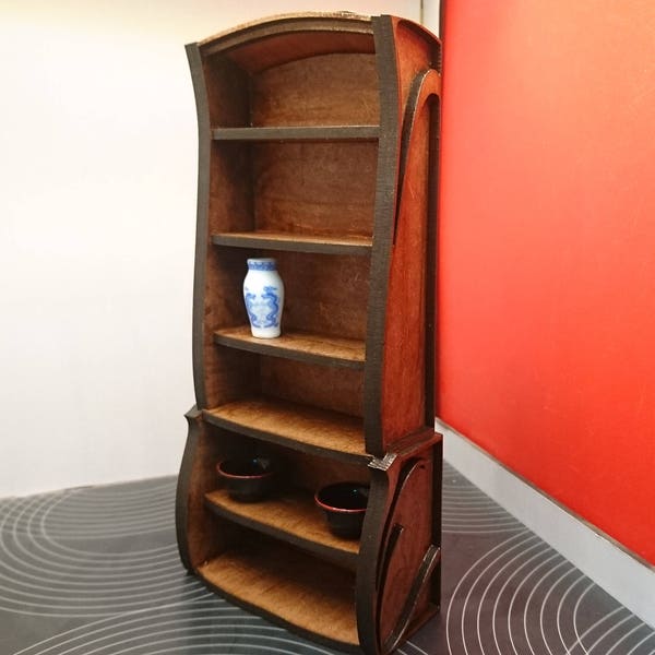 Bibliothèque en bois d’acajou Art Nouveau, mobilier de salon à l’échelle 1/12 pour maisons de poupées et roomboxes