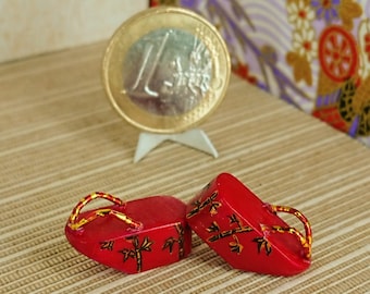Pair of miniature dollhouse geisha shoes, pokkuri shoes. Bamboo forest