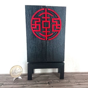 Oriental furniture, wooden cabinet with red symbol, 1/12 miniature for dollhouses