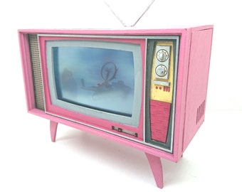 Dollhouse miniature working vintage mid century TV, 1/12 scale, pink colour.